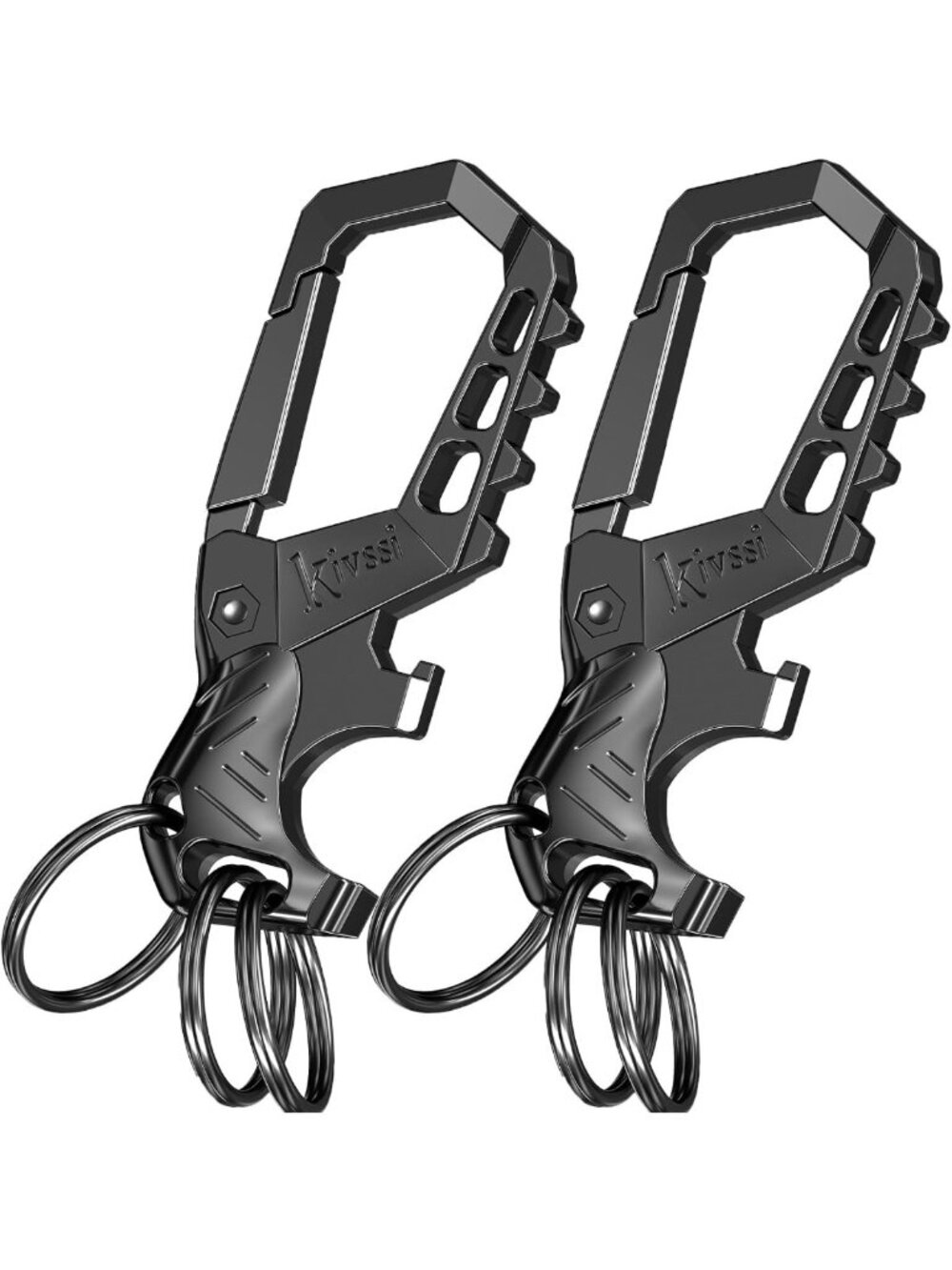 Durable Metal Keychains with Carabiner Clip, Bottle Opener & 3 Rings - 2 Pack